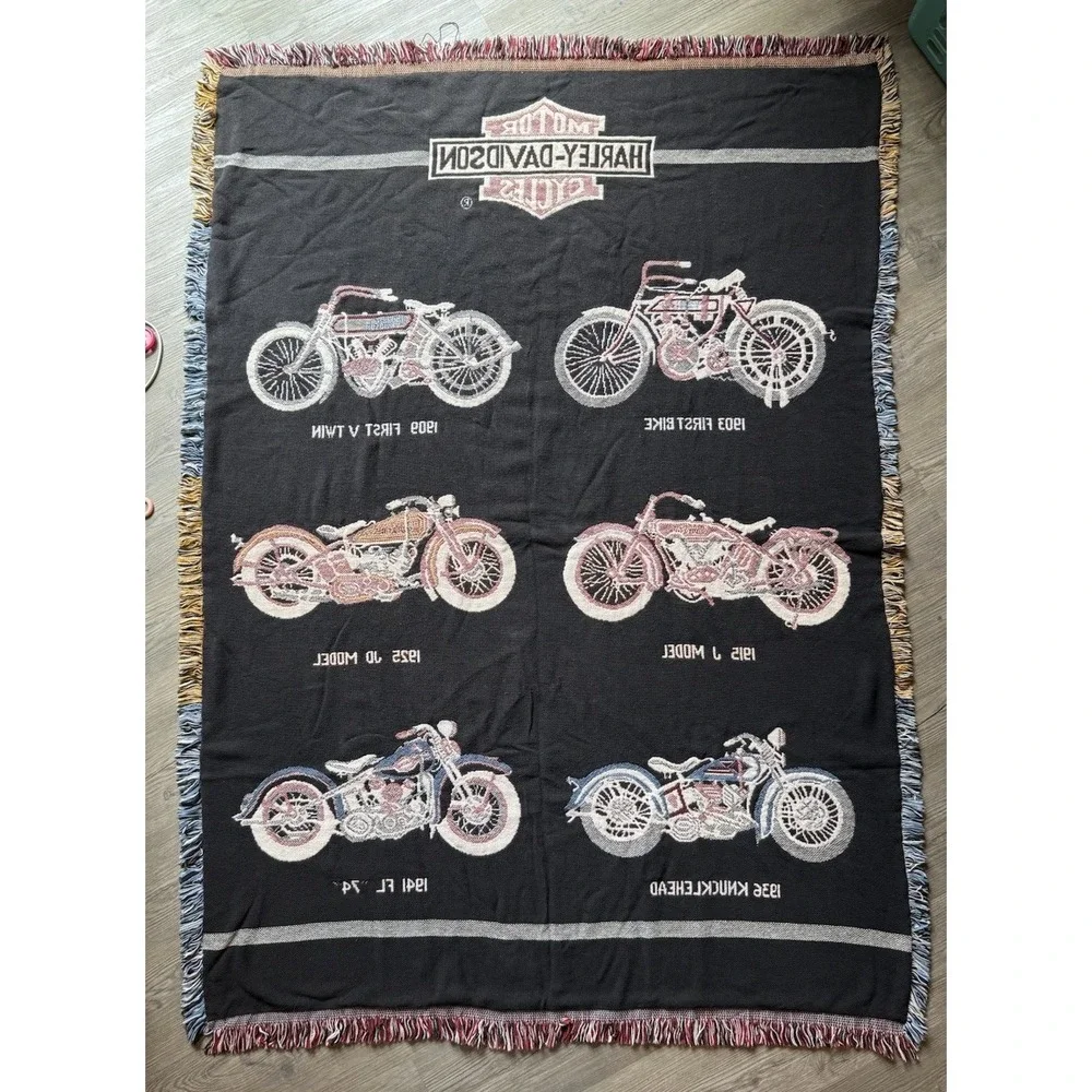 Vtg Harley Davidson Motorcycle Woven Throw Blanket Fringed Tapestry History USA